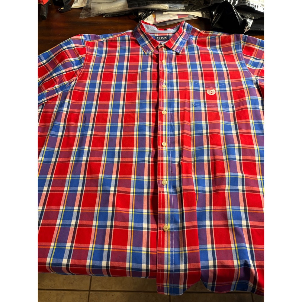 Chaps Mens Easy Care Plaid Short Sleeve Button Down Shirt Red Blue XL